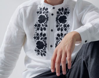 Mens ukrainian linen shirt with black folk embroidery, Vyshyvanka, White linen shirt for men, Ukrainian embroidered shirt, Gift for him