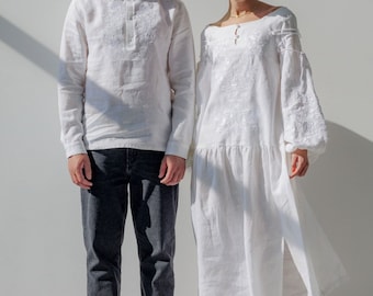Linen wedding guest dress, Embroidered dress, Long sleeve maxi dress, White linen dress, Boho wedding guest dress, Festive dress
