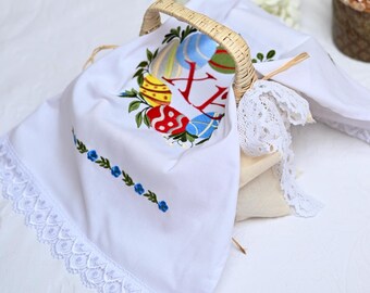 Embroidered Easter basket cover, Easter cotton napkin, Christ is risen' Ukrainian Easter basket cover, Easter decor, Ukrainian rushnyk