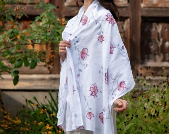 Wildflower embroidered shawl, Floral embroidered scarf, White linen scarf with embroidery, Iris embroidery scarves for women, Birthday gift