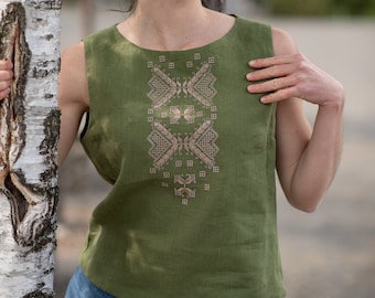 Embroidered tank top, Ukrainian vyshyvanka blouse for woman, Sleeveless linen top with geometric embroidery, Summer linen blouse