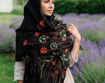Black slavic shawl, Linen embroidered scarf, Folk floral scarf for women, Embroidered shawl, Large ukrainian scarf with wildflower pattern