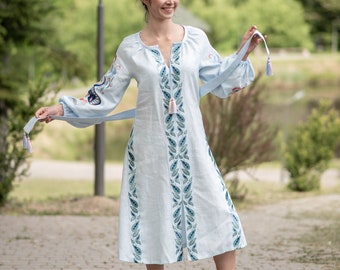 White Dress Embroidered Smock Dress White Ethnic Dress Embroidered Lantern  Sleeve Tassel Tie Smock Dress White
