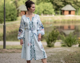 Cottagecore linen dress, Midi wedding guest dress, Slavic folk dress, Linen embroidered dress with belt, Floral embroidery on sleeves