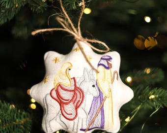 Embroidered linen Nativity Christmas ornament, Holy Family on the Journey, Handmade christian Christmas decoration, Hanging tree ornaments