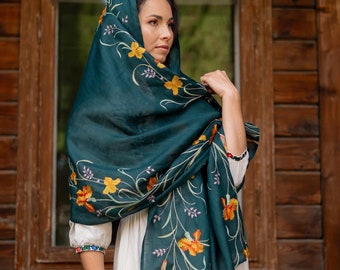 Moss green linen scarf, Embroidered linen scarf for women, Floral linen shawl, Large embroidered shawl with iris pattern, Anniversary gift