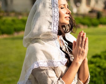 Orthodox church head covering for women, Linen prayer veil with lace, Traditional christian chapel veil, Religious scarf for worship