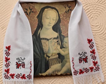 Ukrainian embroidered Icon rushnyk, White cotton religious towel with red floral cross stitch, Orthodox & Catholic sacred home decor