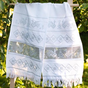 Wedding rushnyk, Ukrainian wedding towel with white embroidery and openwork, Traditional slavic embroidered towel with doves and fringe