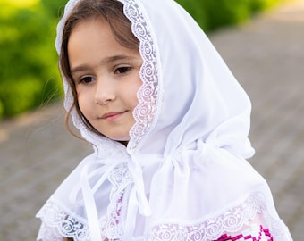 Little girl mantilla veil, White catholic head covering for First Communion or church, Kid's lace headscarf, Catholic church veil for child