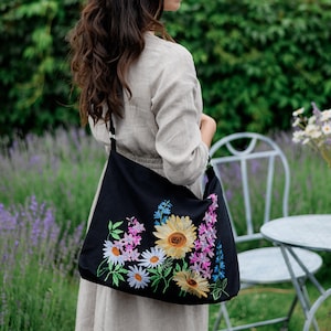 Large crossbody bag, Black bag, Floral embroidery, Canvas shoulder bag, Embroidered tote bag for women, Gift for birthday, Linen hobo bags