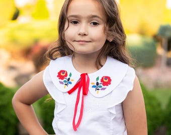 Children’s embroidered detachable collar with red ribbon tie, Handmade peter pan collar with floral cross-stitch, Girl’s folk accessory