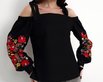 Black embroidered off shoulder blouse for women, Ukrainian floral vyshyvanka top, Cold shoulder linen blouse with tie straps, Boho shirt