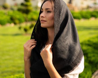 Black linen infinity veil, Black chapel veil with lace trim, Handmade catholic head covering for mass, Orthodox church, prayer
