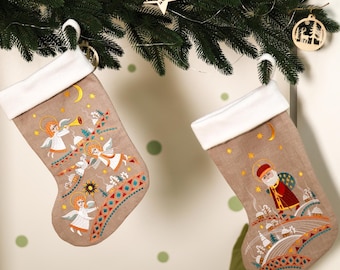 Linen embroidered Christmas Stockings, Folk art angel & Santa Claus holiday decor, Set of 2 Natural linen Christmas mantel stockings