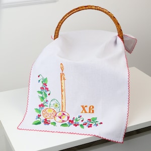 Ukrainian easter basket cover for blessing, Embroidered pascha basket cover with eggs and candle embroidery, Orthodox easter basket covers