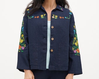 Navy linen jacket, Linen floral embroidered shirt, Long sleeves linen blazer for women, Linen clothing for women, Vintage jacket