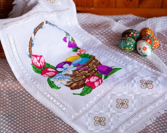 Handmade orthodox Easter basket cover, Easter towel with cross stitch floral embroidery, Ukrainian easter paska covers, Slavic rushnyk