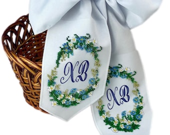 Ukrainian Easter basket bow sash, Embroidered Easter basket cover, Pascha easter basket cover, Easter bow with beaded embroidery handmade