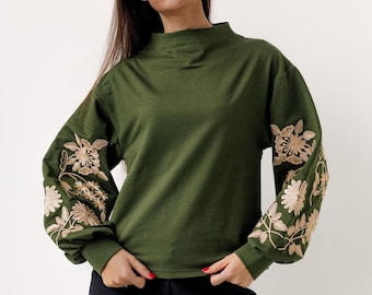 Womens khaki sweatshirt, Floral embroidered sweatshirt, Embroidered floral sleeves, Embroidered floral sweater, Gift for mother