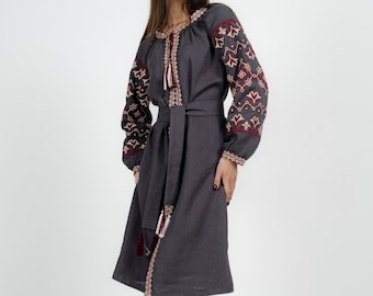 Embroidered folk dress, Gray linen dress with slavic embroidery, Linen wedding guest dress, Romantic dress, Ukrainian vyshyvanka dress