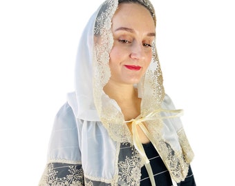 Catholic mass veil Mantilla, Gold lace mantilla veil, Hooded mantilla veil for mass, Traditional catholic veil for wedding, Easter gift