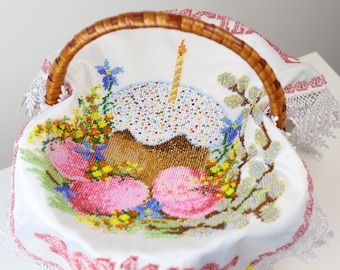 Ukrainian easter towel, Easter basket cover embroidered, Beaded pascha basket cover decorated with lace,