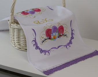 Embroidered Pascha Easter basket cover, Pascha basket cover, Pysanky Eggs & floral embroidery, Easter gift for friend, Orthodox gift