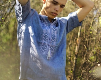 Blue vyshyvanka men, Linen embroidery shirt for men, Ukrainian embroidery shirt, Ukrainian short sleeve shirt, Peasant shirt mens gift