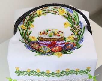 Orthodox easter basket cover, Beaded easter towel with floral embroidery, Embroidered Pascha basket cover with handmade floral embroidery