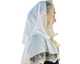 Gold church veil, Traditional catholic veil, Church mantilla with lace, Christian head covering, Orthodox veil, Catholic veil for mass