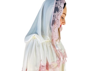 Pink lace mantilla veil, Chapel veil for mass, Catholic mantillas and veils, Orthodox veils, White Christian scarves, Church head covering