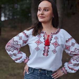 Cotton white peasant blouse, Embroidered peasant blouse for women, Folk shirt, Boho blouse with long embroidered sleeves, Ukrainian shirt
