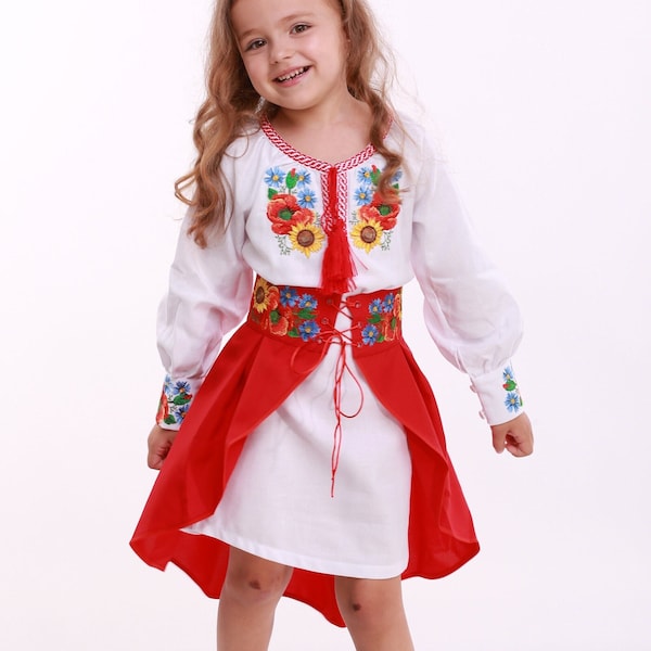 Floral traditional costume dress, Kids vyshyvanka dress, Baby ukrainian dress, Embroidered ukrainian dress with belt, Folk costume