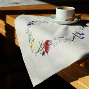 Op de afbeelding: Een witte linnen tafelloper met geborduurde bloemen in tinten rood, geel en paars. Een witte koffiekop met een bruin handvat staat op een witte schotel op de loper.