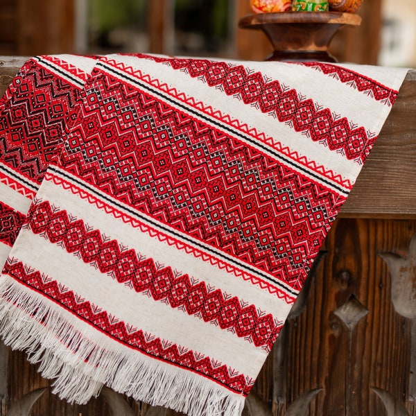 Slavic rushnik with embroidery, Embroidered ukrainian rushnyk with traditional ornament, Red embroidery, Table runner, Ukrainian souvenir