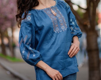 Blue linen traditional vyshyvanka blouse for women with floral and geometric embroidery, Embroidered linen blouse for women with 3/4 sleeves