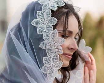 Blumenschleier, Kathedralenschleier, Kapellen-Mantilla-Schleier für die Messe, Spitzen-Kirchen-Mantilla-Schleier, bestickte traditionelle katholische Messschleier-Mantilla