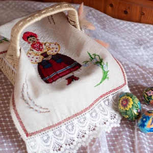 Ukrainian girl Easter basket cover, Cross stitch handmade embroidery, Embroidered cloth cover for basket of Pascha treats, Ukrainian gift