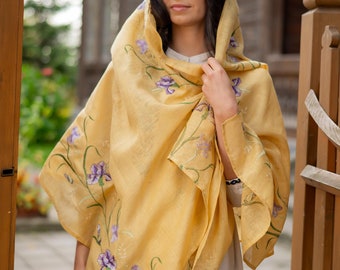 Large linen scarf for women, Floral embroidered shawls, Iris linen scarfs, Yellow flax sarf with flowers embroidery, Birthday gift for her