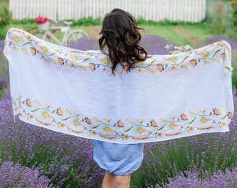 Embroidered shawl, White linen scarf for summer, Large linen scarf for women in 3 colors, Anniversary gift for her, Birthday gift for friend