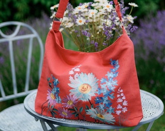 Cross body bags for women, Large crossbody purse, Embroidered linen bag with floral embroidery, Canvas bags, Anniversary gift, Gift for her