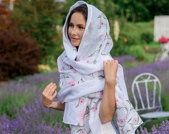Oversized white linen scarf with embroidery, Wildflower embroidered linen scarf for women, Lightweight linen scarf, Floral summer shawl