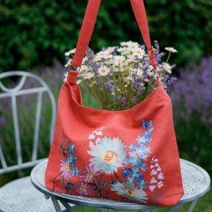 Cross body bags for women, Large crossbody purse, Embroidered linen bag with floral embroidery, Canvas bags, Anniversary gift, Gift for her