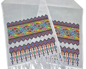 Traditional slavic wedding rushnyk, Hand embroidered ceremony towel with geometric folk ornament, Ukrainian wedding ritual cloth