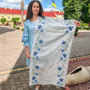 Embroidered linen wrap, Gray linen shawl with blue floral embroidery, Lightweight linen scarf, Embroidered stole, Summer wedding cover-up