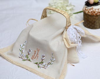 Linen Easter basket cover, Embroidered napkin, Floral Easter gift for a friend, Lace Easter towel, Natural pascha basket cover, Easter decor