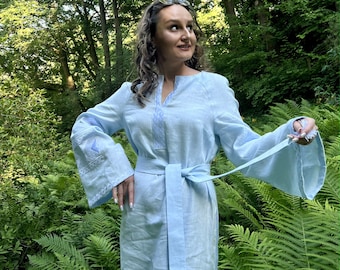 Boho kimono linen dress, Linen kaftan dress for women, Ukrainian Vyshyvanka dress, Blue linen dress, Holiday dress, Wedding guest outfit