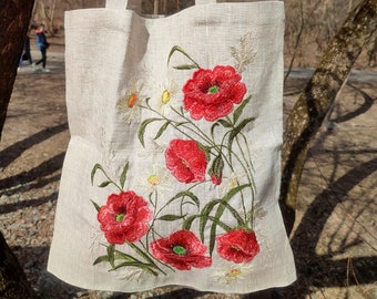 Wild Flowers embroider linen tote bag, Daisy embroidery bag, Floral Embroidered tote bag wildflowers, Reusable shopper, Tote Bag Birthday