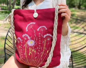 Canvas hobo crossbody bag, Canvas hobo purse, Linen bag, Boho bag, Embroidered bag, Floral linen bag, Floral tote bag, Bag for women, Gift